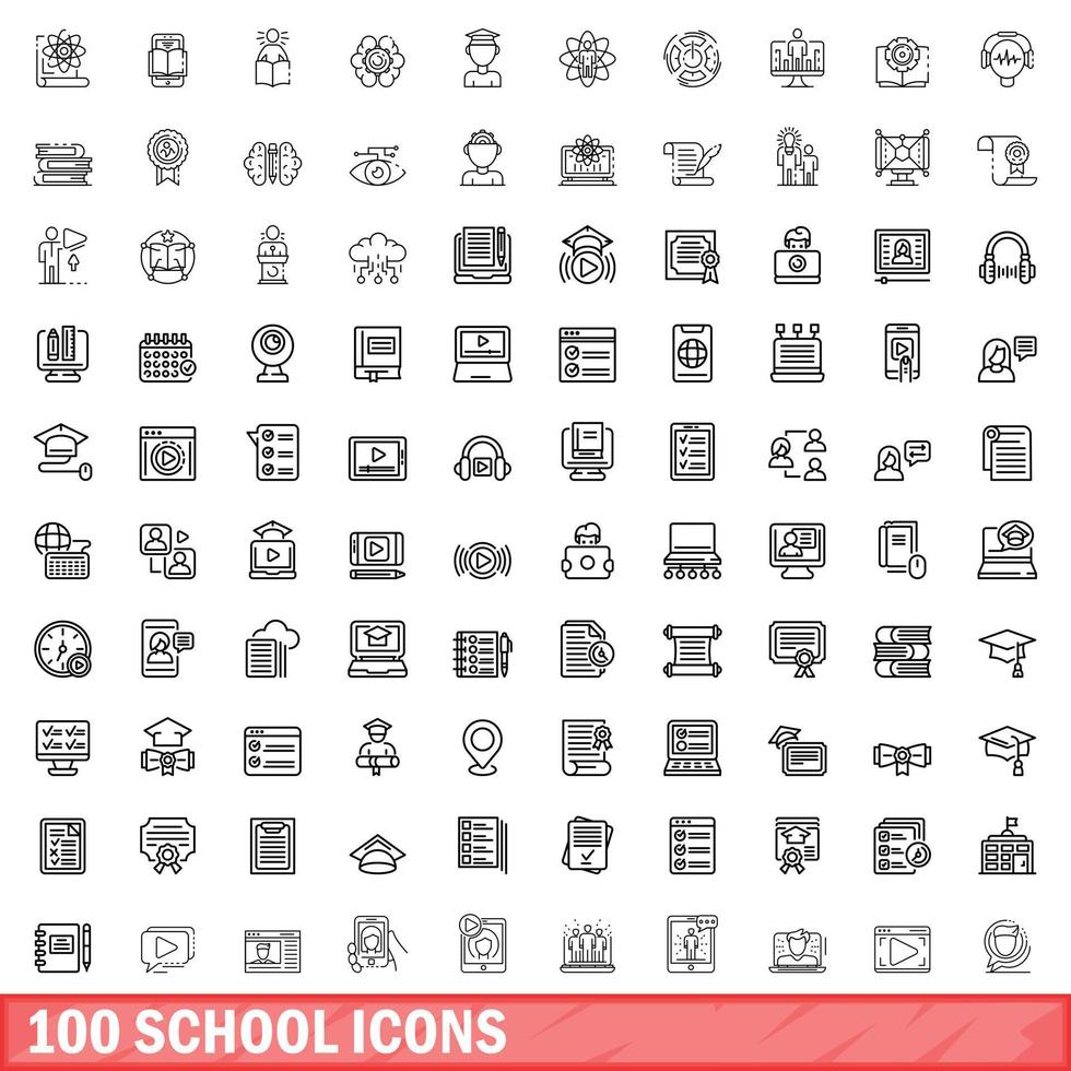 100 school icons set, outline style vector