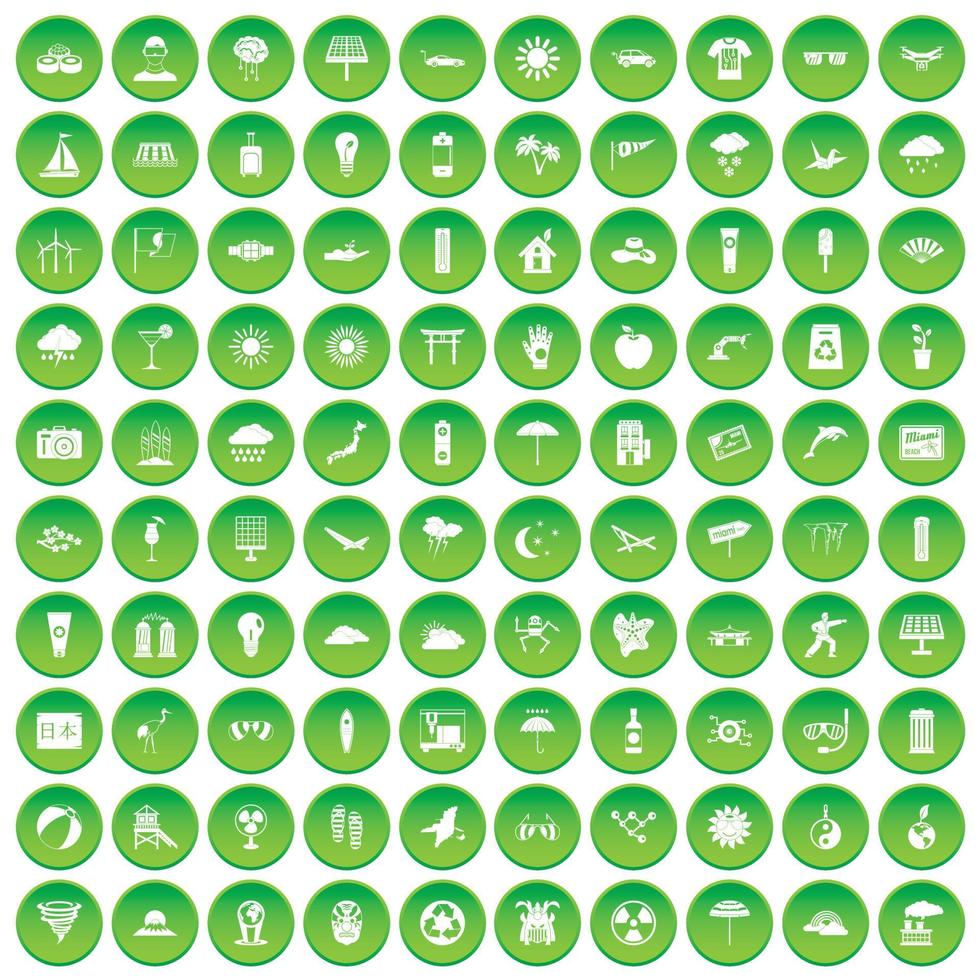 100 sun icons set green circle vector