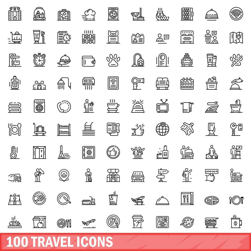 100 travel icons set, outline style vector