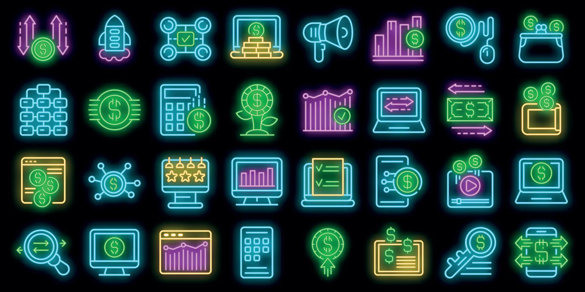 Monetization icons set vector neon