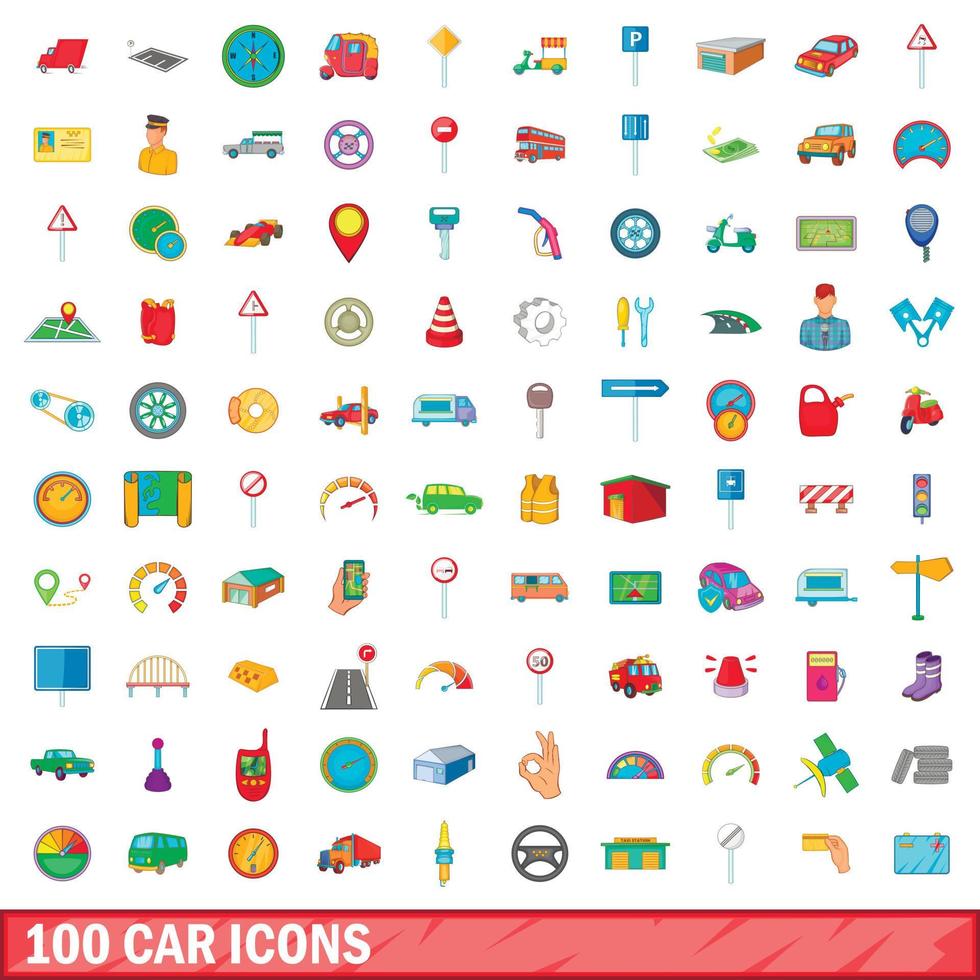 100 car icons set, cartoon style vector