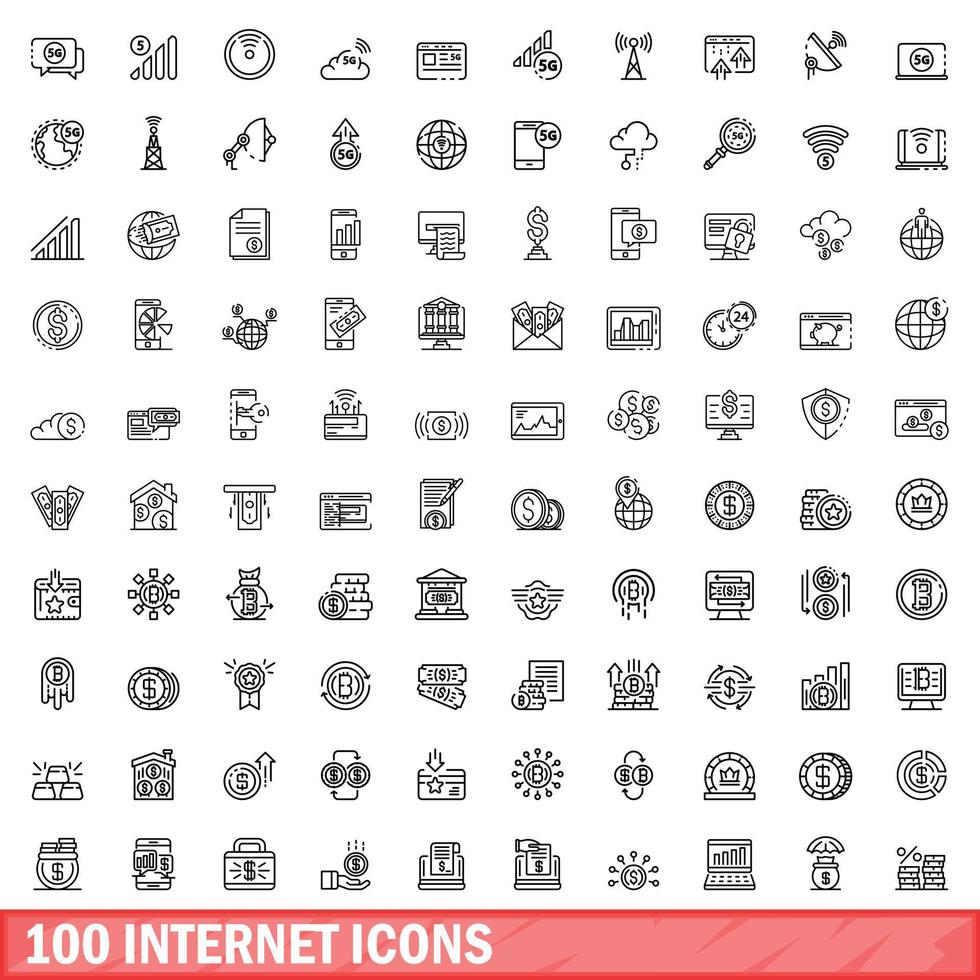 100 internet icons set, outline style vector