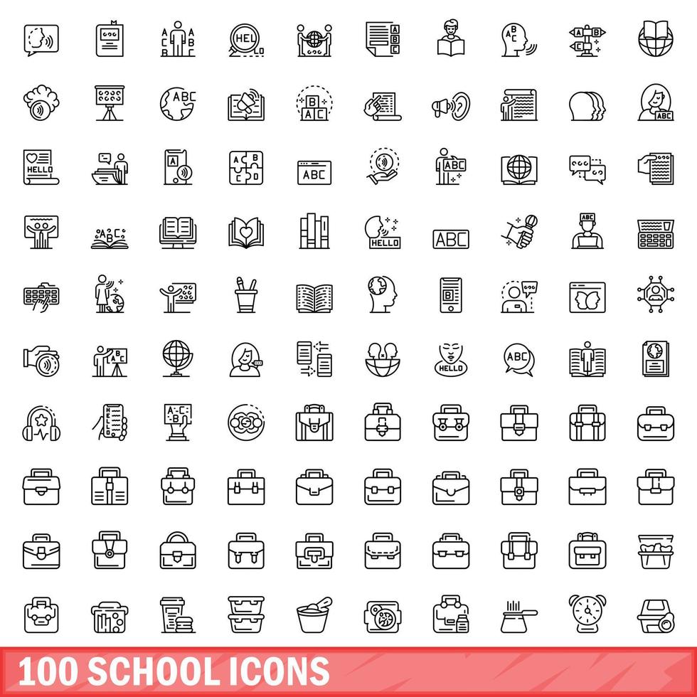 100 iconos escolares establecidos, estilo de esquema vector