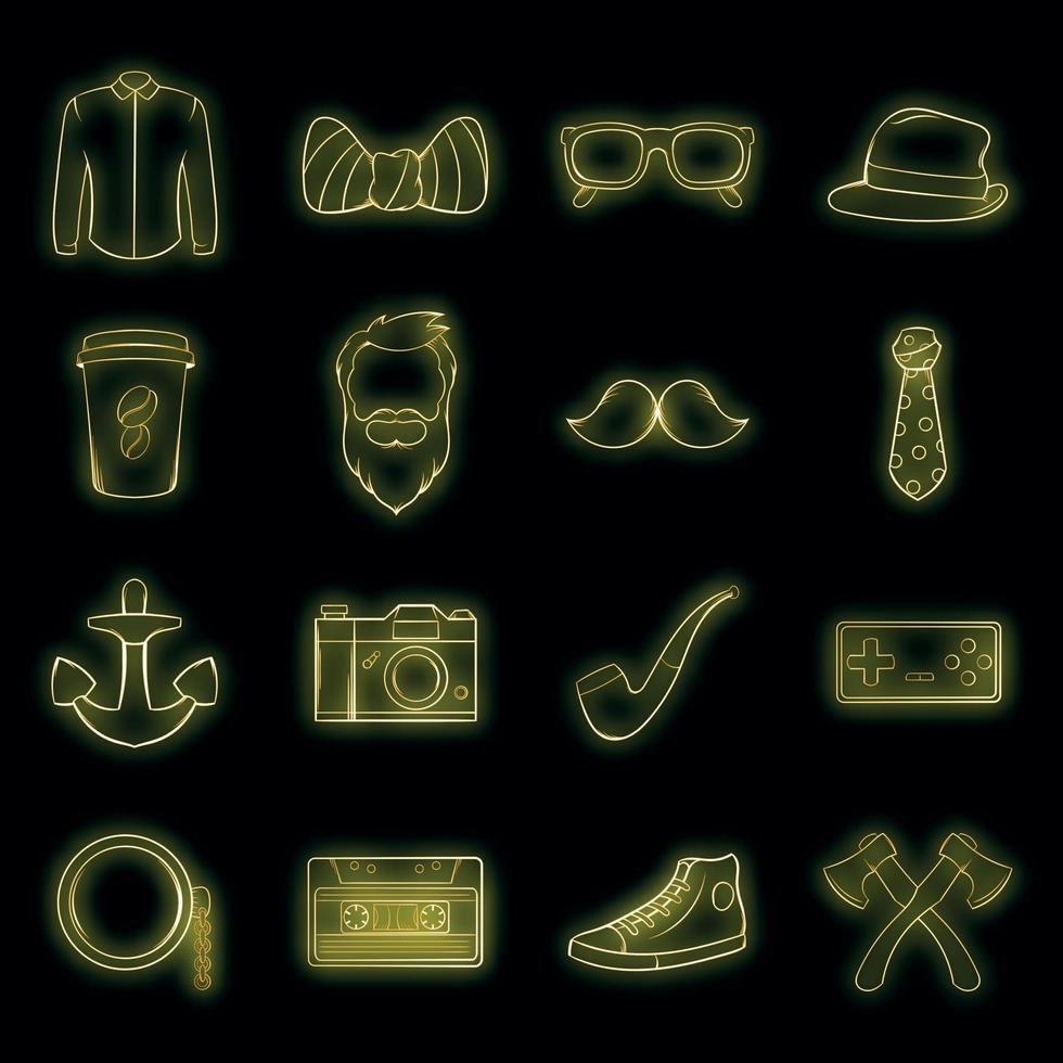 hipster, iconos, conjunto, vector, neón vector