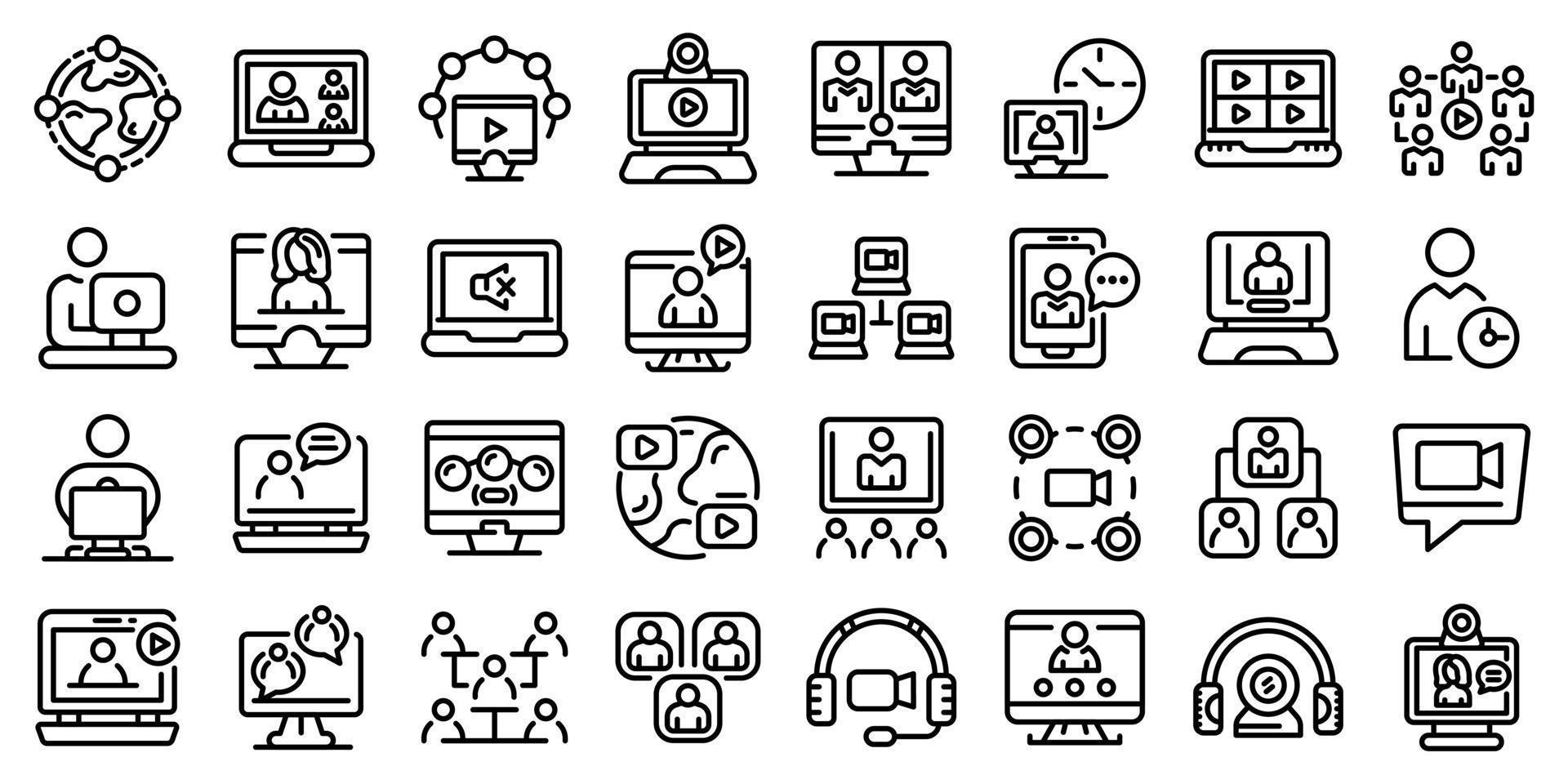 Online meeting icons set, outline style vector