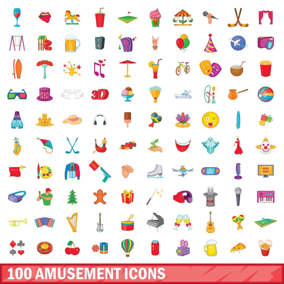 100 amusement icons set, cartoon style vector