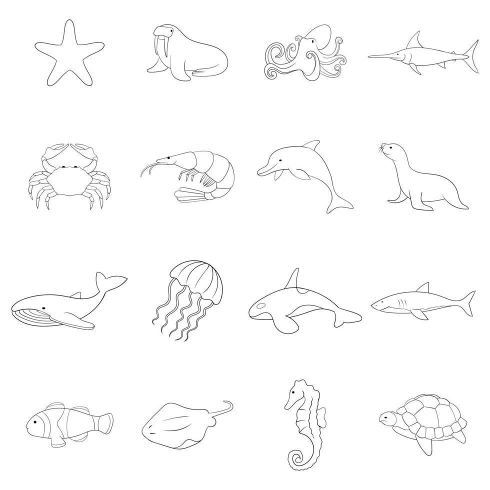 Ocean inhabitants icon set outline vector