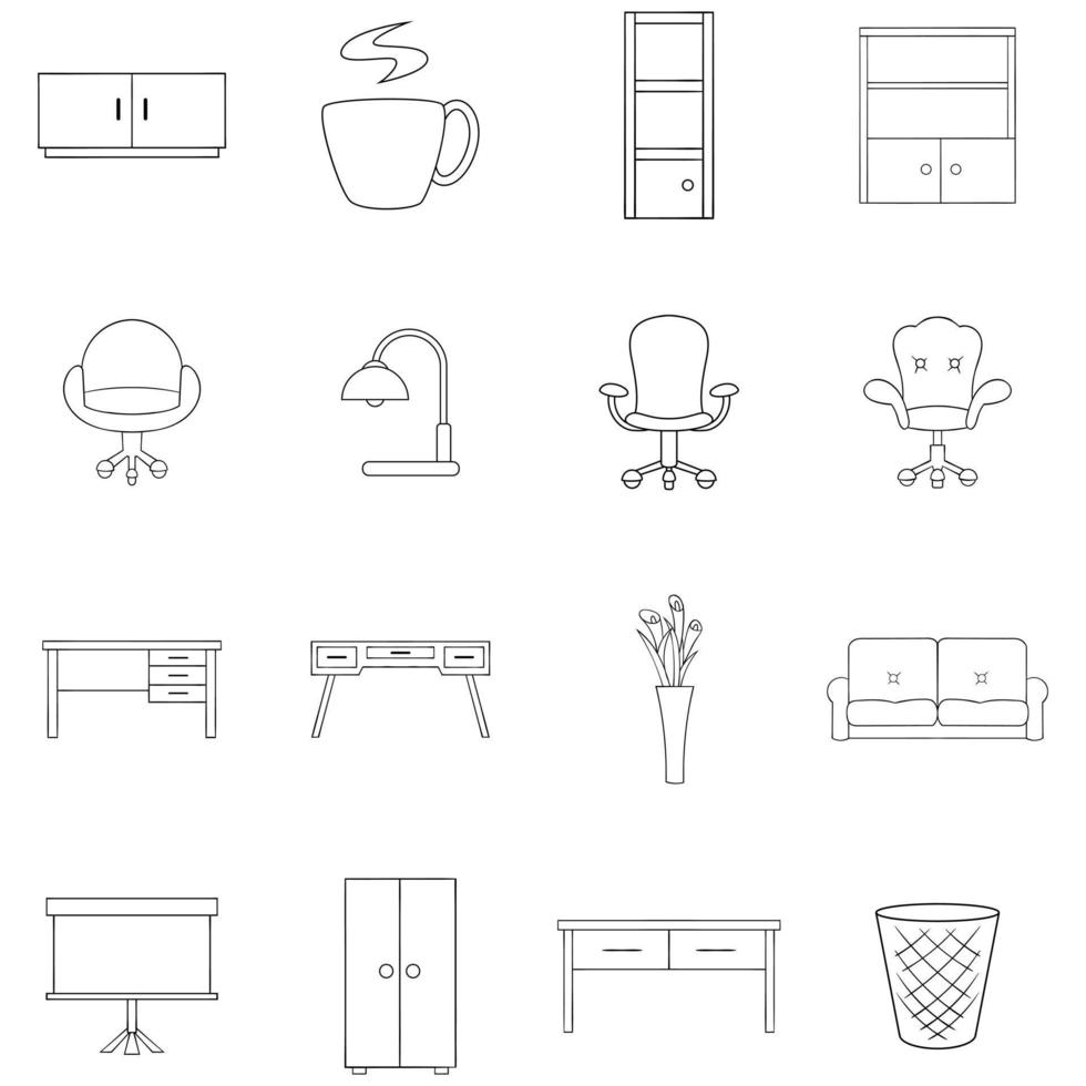 esquema de conjunto de iconos interiores de muebles de oficina vector