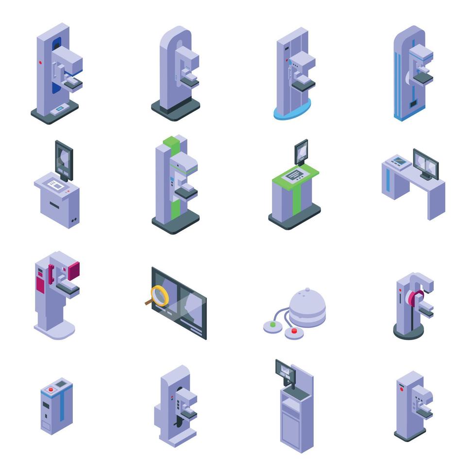 Mammography machine icons set, isometric style vector