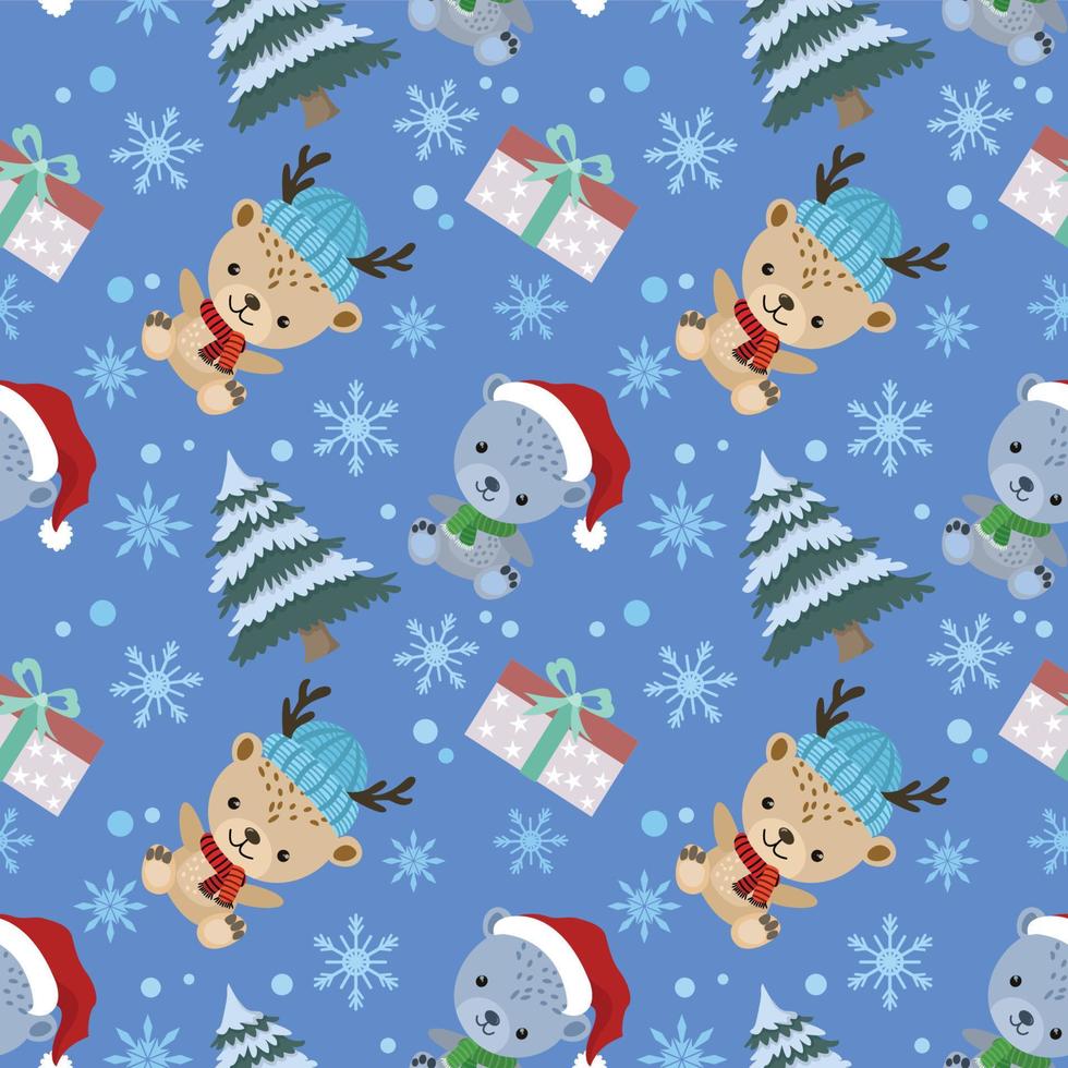 Cute cartoon bear wear Christmas hat with Tree and gift seamless pattern. vector