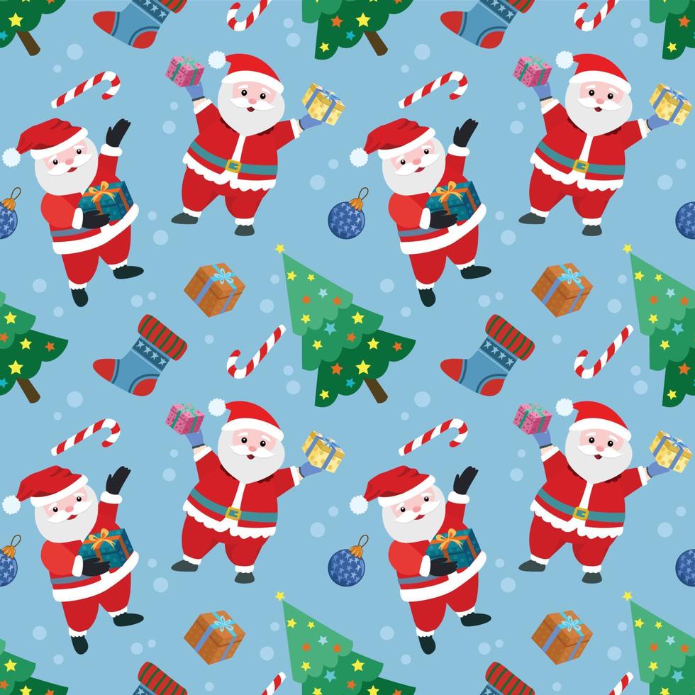 Cute Santa Claus with Christmas tree and gift seamless pattern. vector