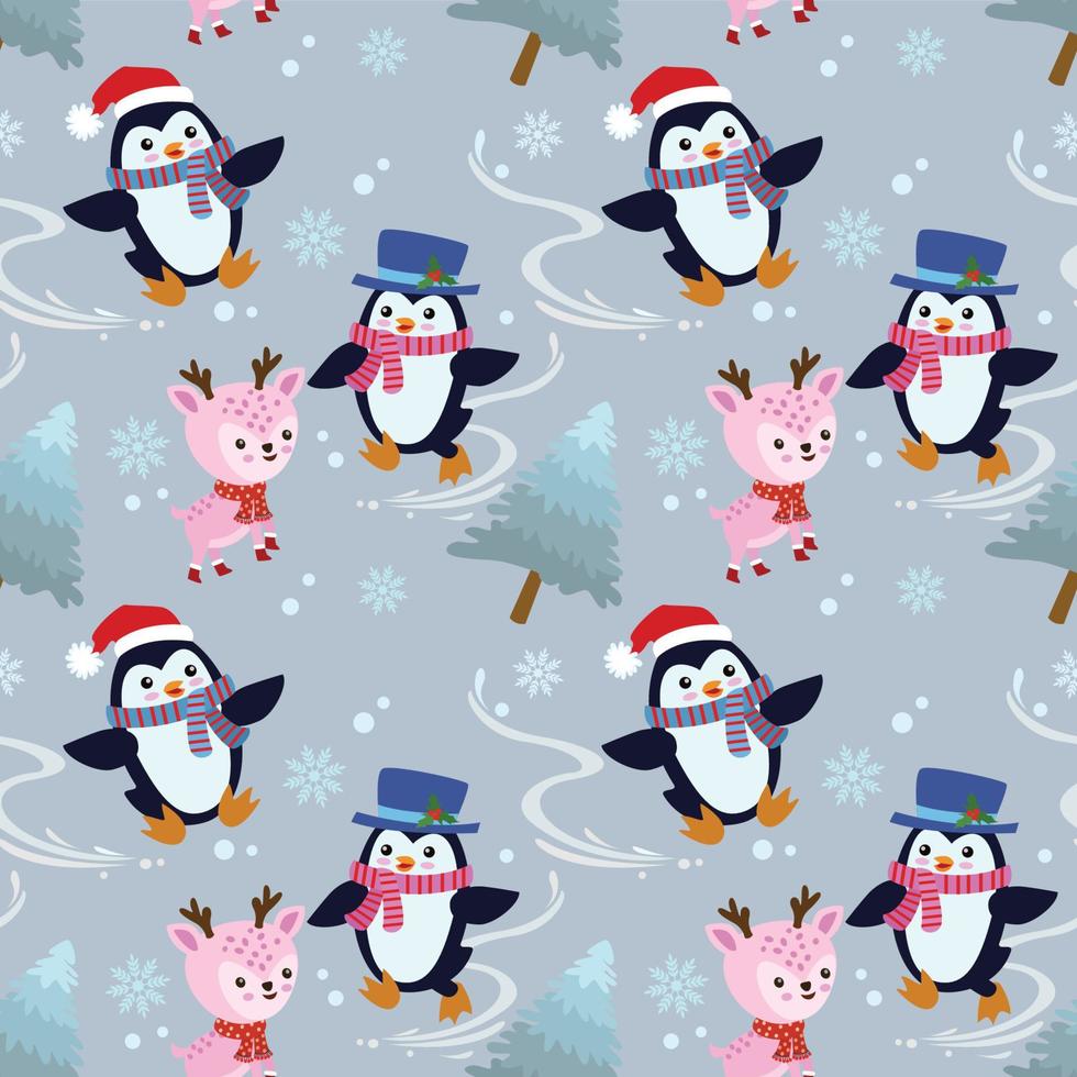 Cute cartoon penguin and deer in winter seamless pattern vector