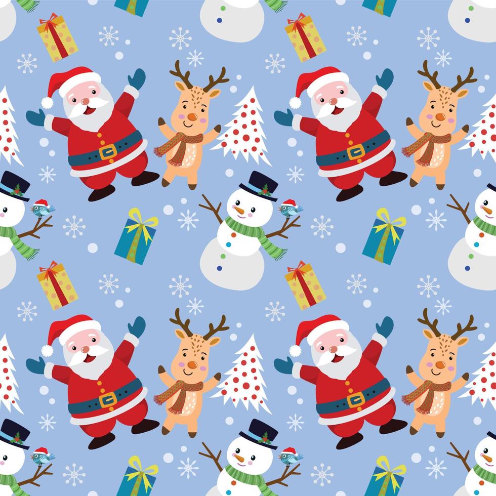 Cute Santa deer and snowman with gift seamless pattern. vector