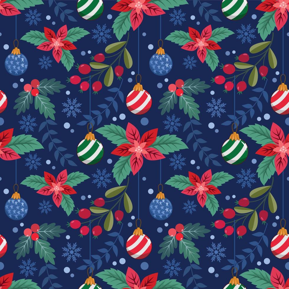 Christmas plant and Christmas ball on blue background seamless pattern vector