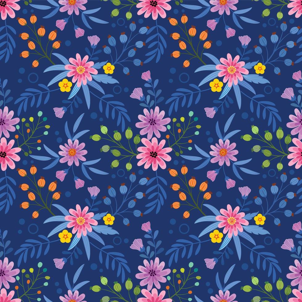 mano colorida dibujar flores sobre fondo azul patrón sin costuras vector