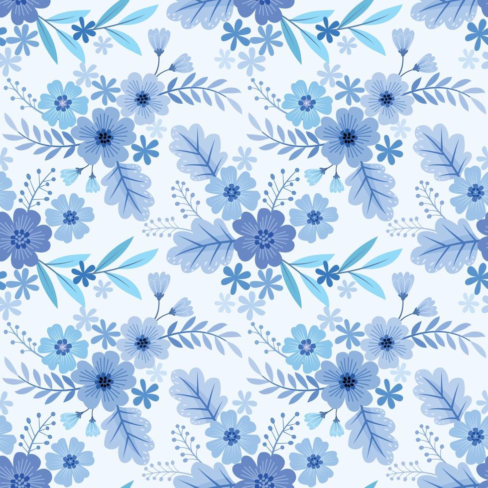 Seamless floral pattern on blue monochrome background fabric textile wallpaper. vector