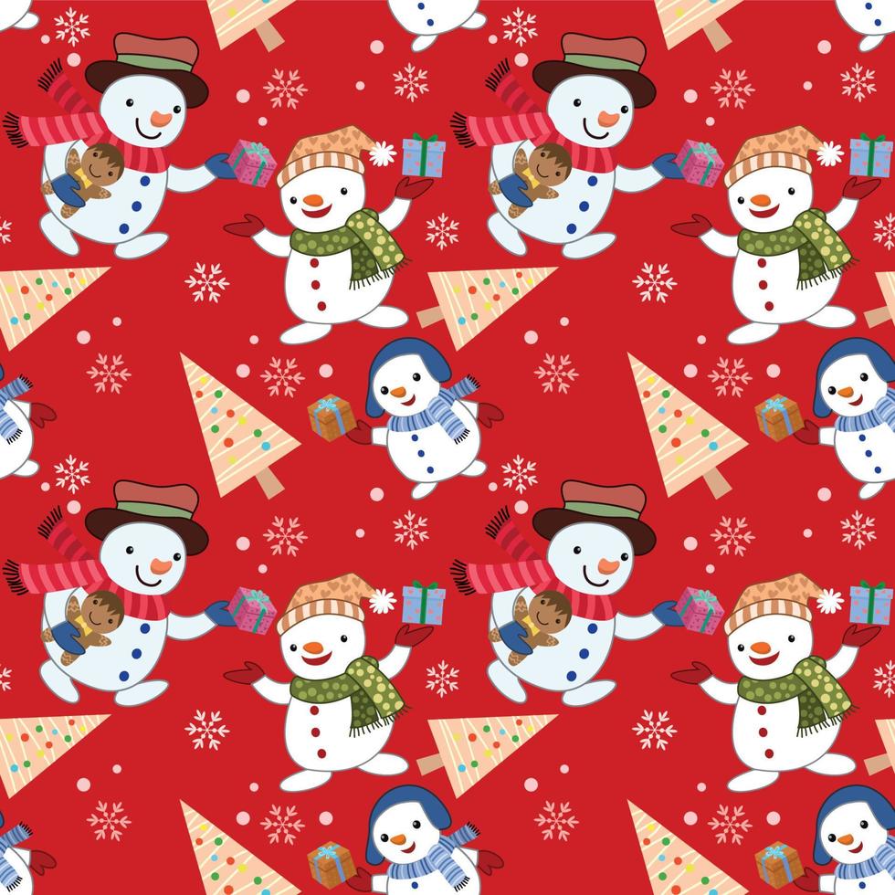 Cute snowman with gift and Christmas tree on red background pattern. vector