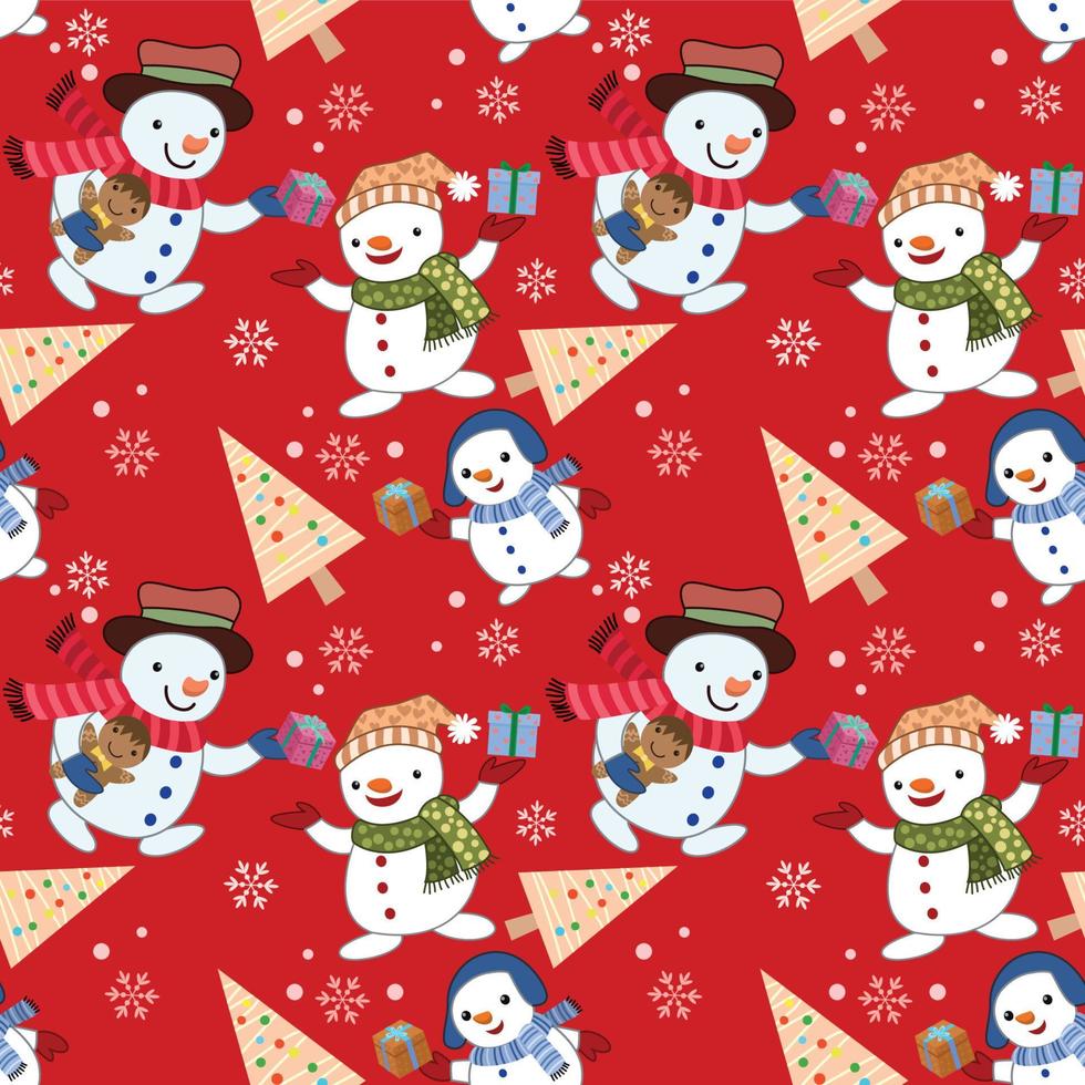 Cute snowman with gift and Christmas tree on red background pattern. vector