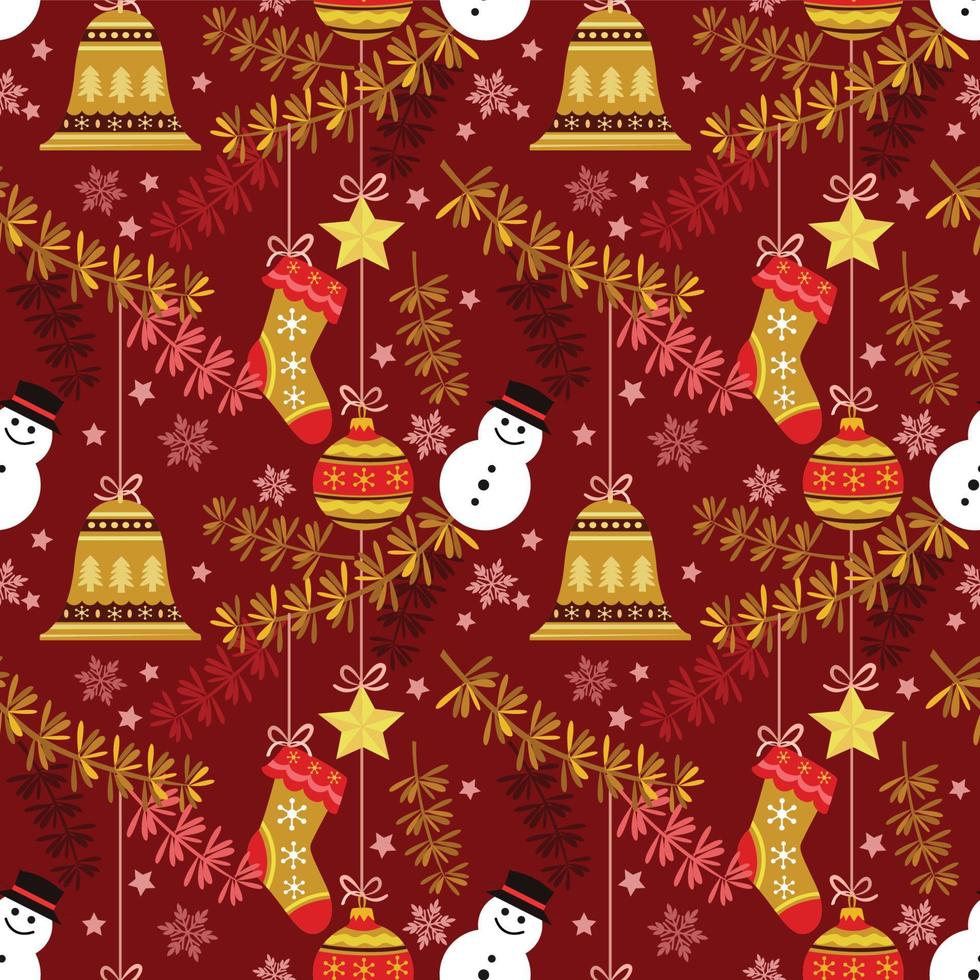 Christmas plant with element on red background seamless pattern. vector