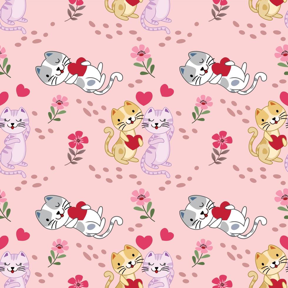 Cute cat with red heart shape in flowers garden pattern. vector