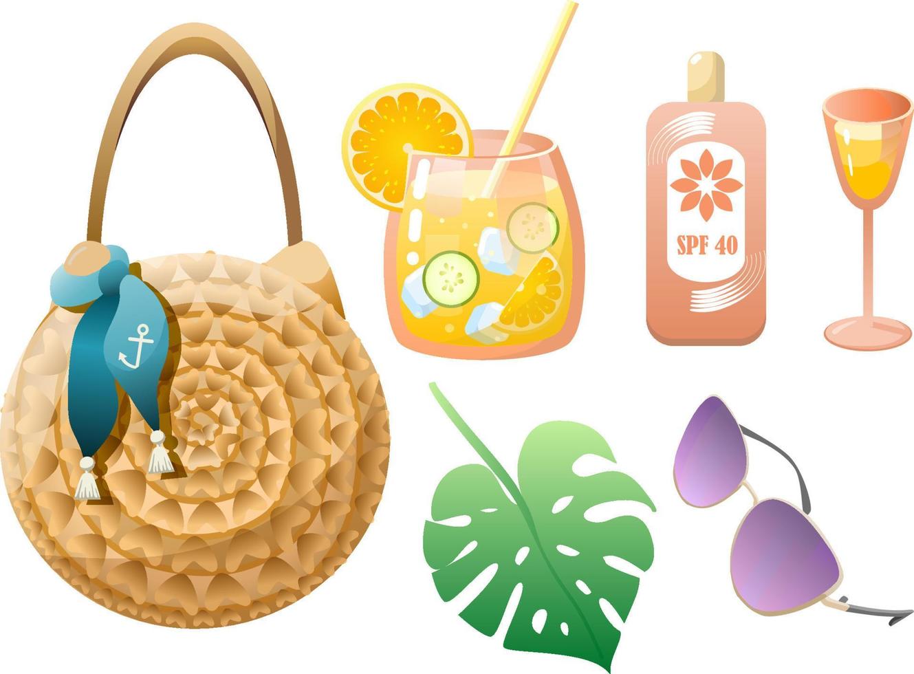 Colorful summer vibes beach bag, monstera, lemonade, glasses in trendy style on white background. Travel concept. Art collection. Relax paradise. Modern design. Trendy vector style. Vector set.