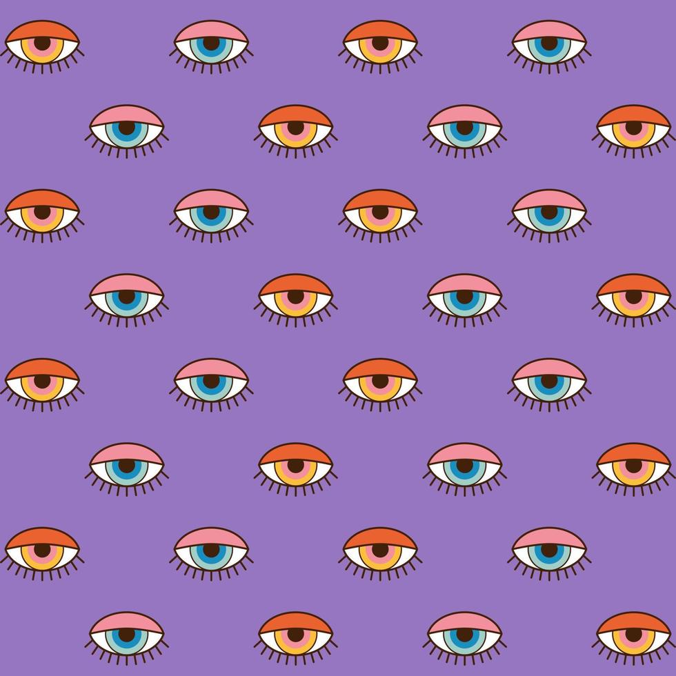 Modern esoteric abstract seamless pattern in 1970s style. Vector hippie background. Doodle eye decorative wallpaper.