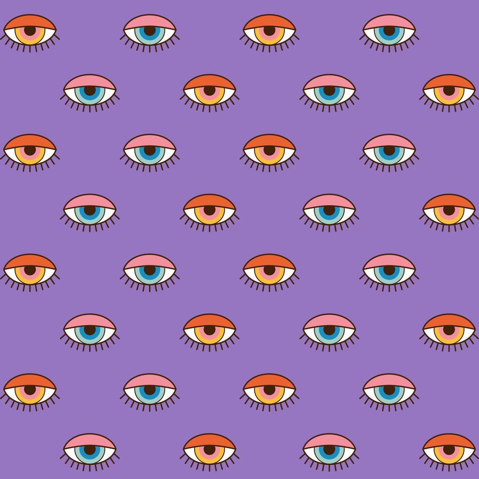 Modern esoteric abstract seamless pattern in 1970s style. Vector hippie background. Doodle eye decorative wallpaper.