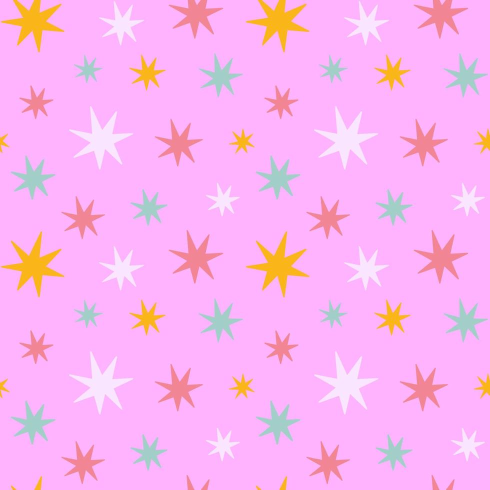 Vector seamless pattern with colorful cute retro stars on pink background. Abstract glitter trendy wallpaper for kids, retro design and 1970s party.