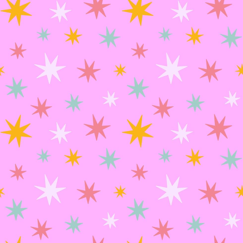 Vector seamless pattern with colorful cute retro stars on pink background. Abstract glitter trendy wallpaper for kids, retro design and 1970s party.