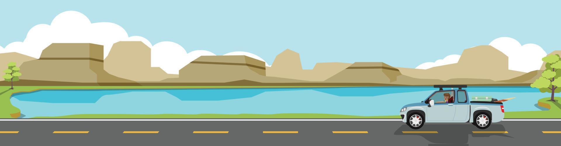 Happy family travels with pickup truck for banner. Carrying a truck for travel.  Asphalt road near the reservoir surrounded by mountains. Copy Space Flat Vector. vector
