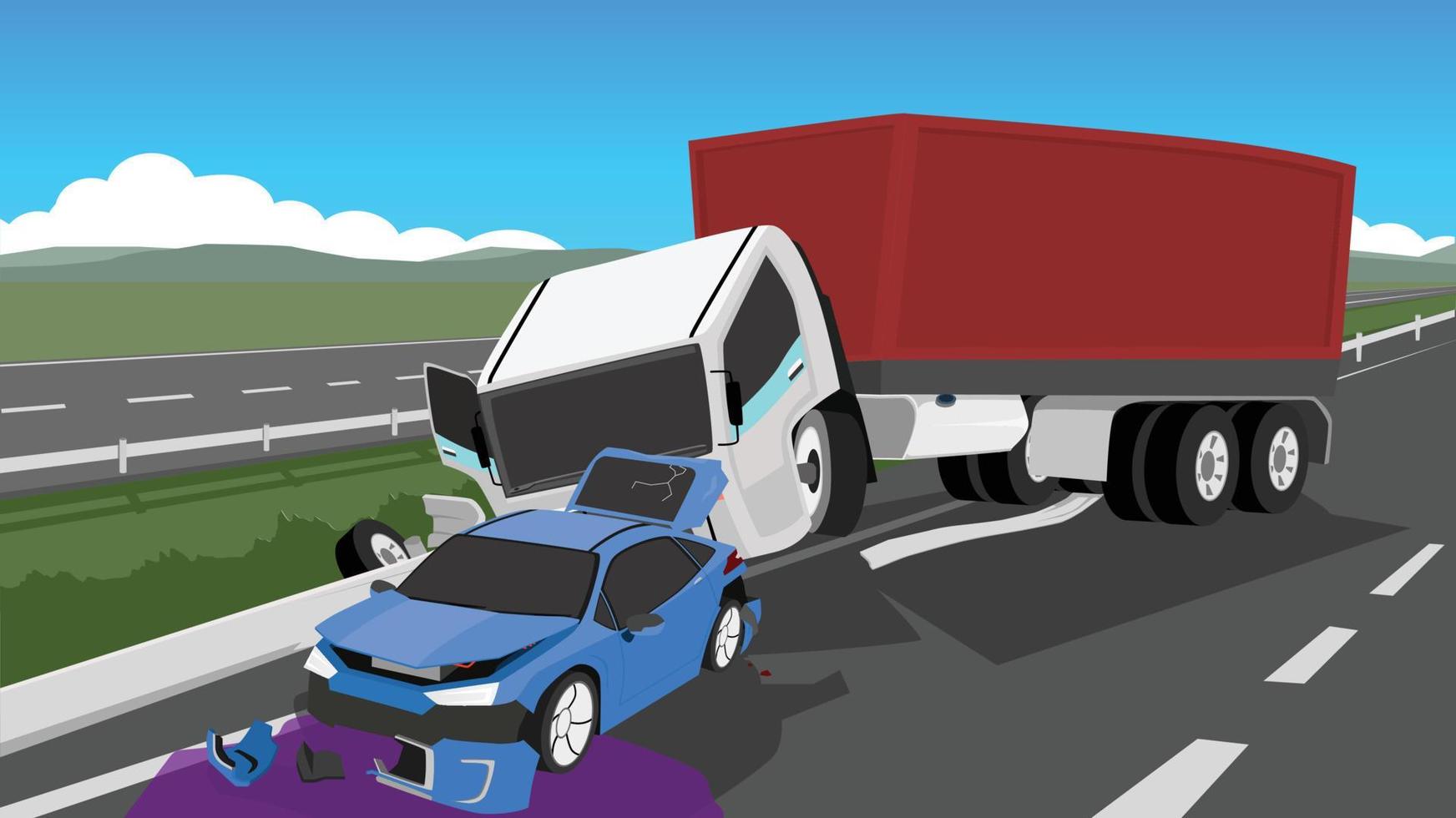 Accident of a container truck blocking the asphalt road. Clash on the edge of the road and at the end of a passenger car. oil spill on road. Parallel routes in the area connecting the cities. vector