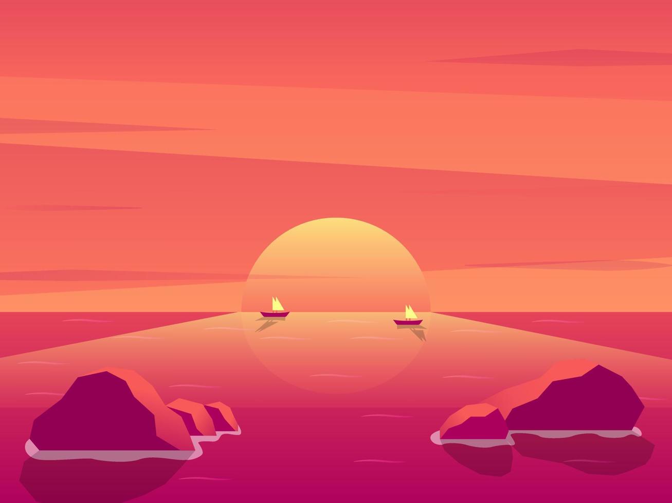 Sunset or sunrise in the ocean, background of natural landscapes, pink clouds. the sun shining over the sea with rocks sticking out of the surface of the water. Afternoon or morning view vector