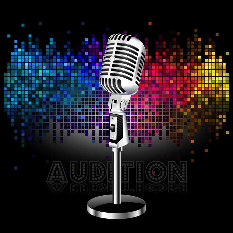 standing microphone illustration with colorful lighting background vector