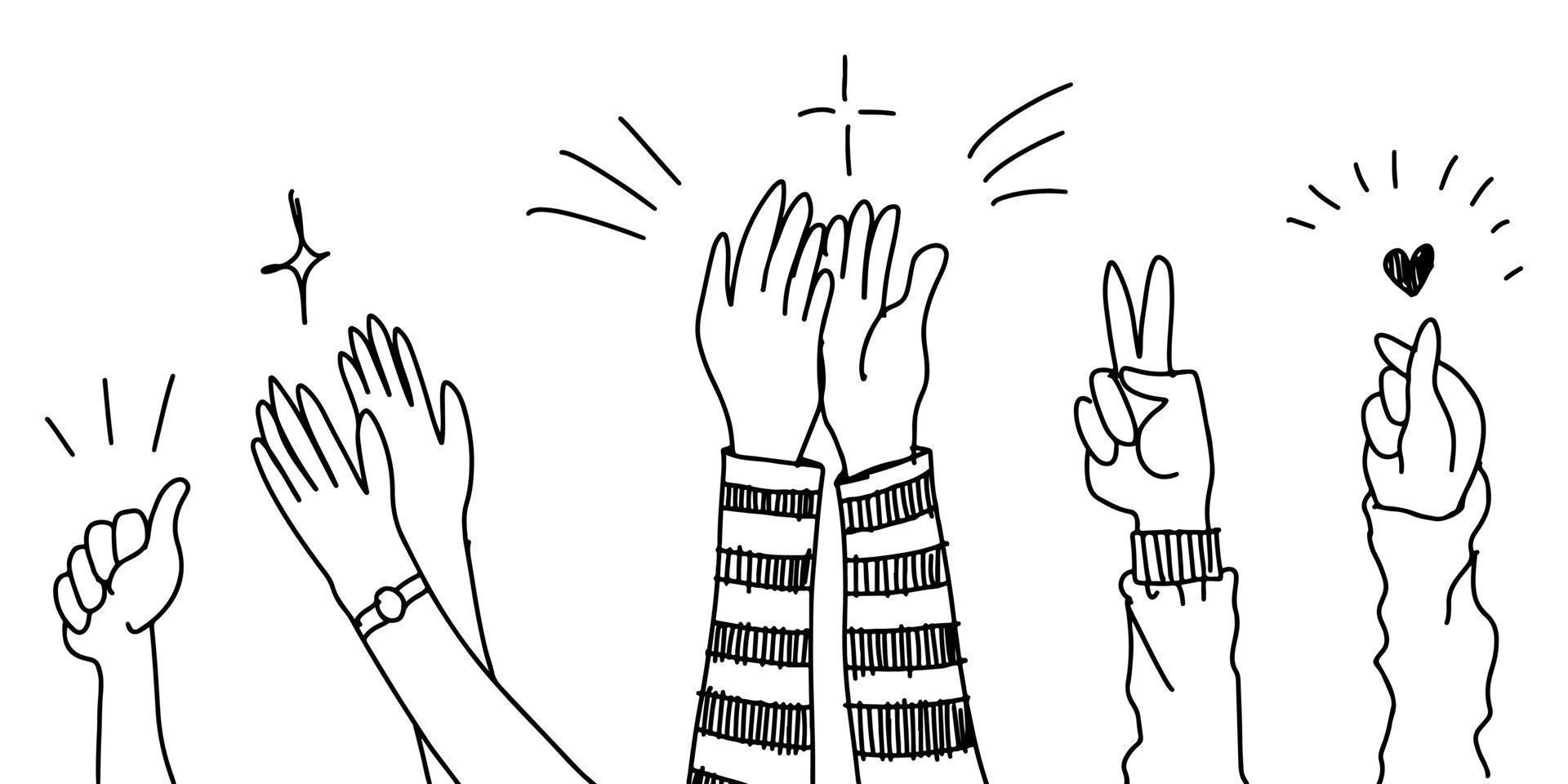 Hand Drawn sketch style of applause, thumbs up gesture. Human hands clapping ovation. on doodle style, vector illustration.