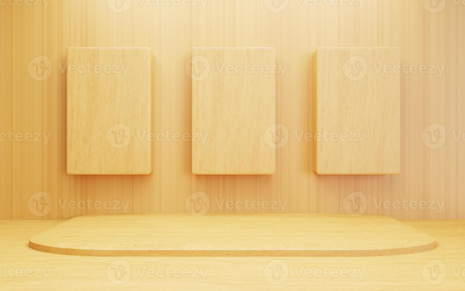 3d rendering of empty brown abstract wood minimal concept background. Scene for advertising, cosmetic ads, showcase, banner, cream, fashion, children, kids, nursery. Illustration. Product display photo