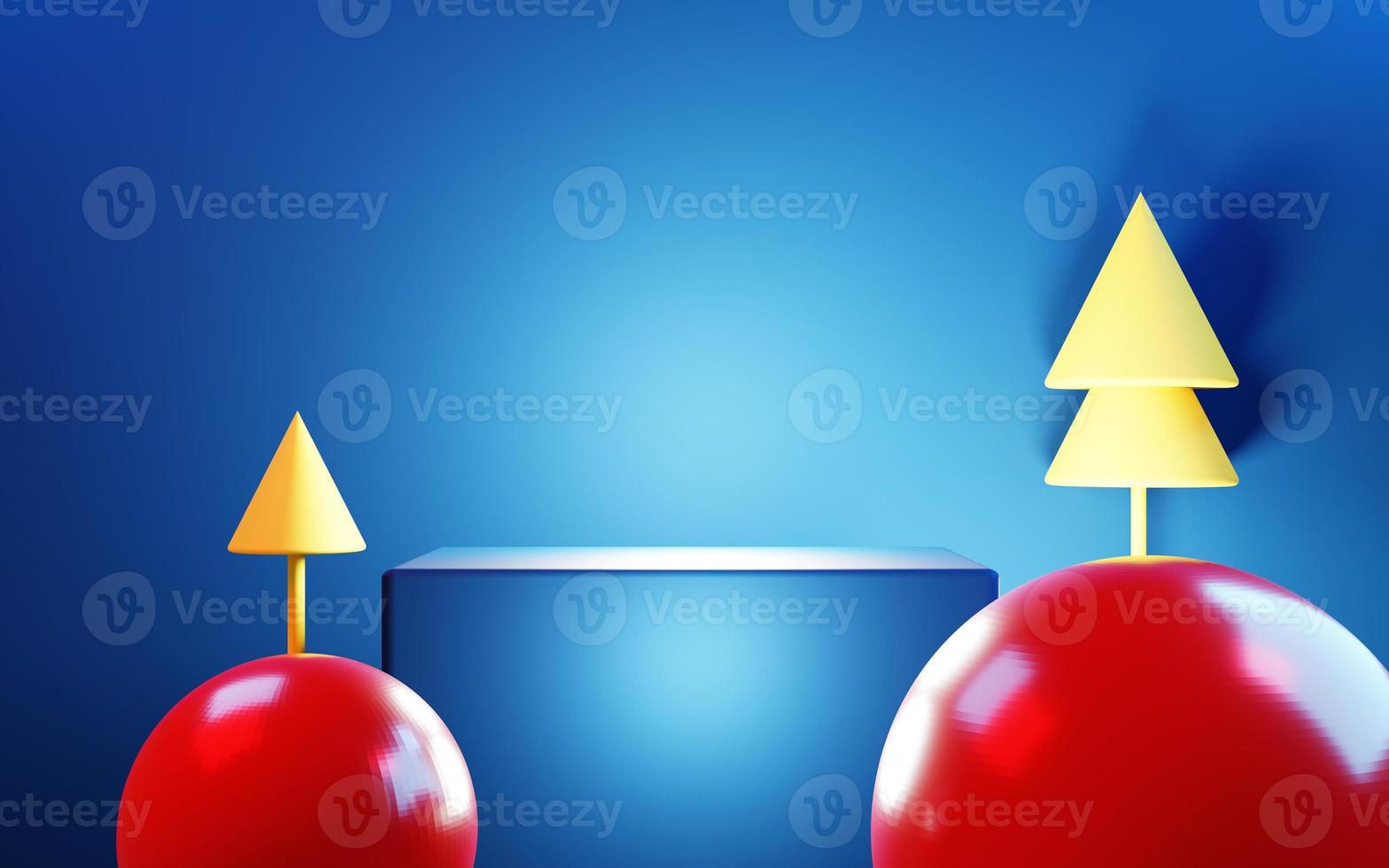 3d rendering of blue abstract background with red snowball and trees. Christmas concept. Scene for advertising, technology, showcase, banner, cosmetic, fashion. New Year Illustration. Product display photo