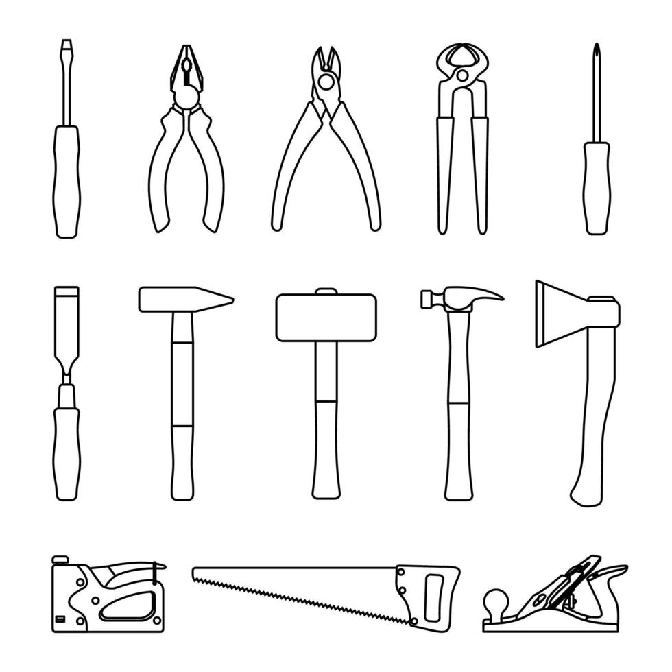 Carpenter tools vector icon set in line art style isolated on white background. Vector illustration.