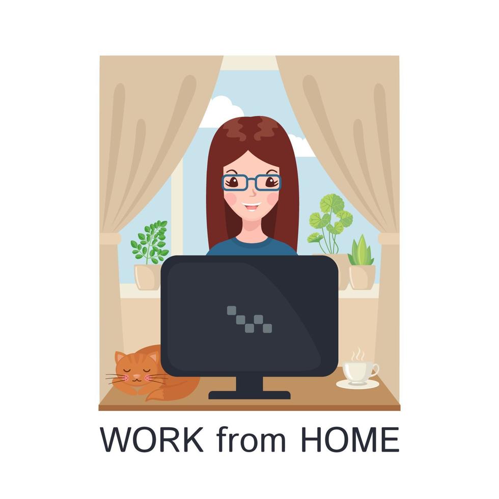 Young adult cute woman working at home with computer in flat style isolated on white background.Freelancer female character with cat and a cup of tea or coffee.Home office concept.Vector illustration. vector