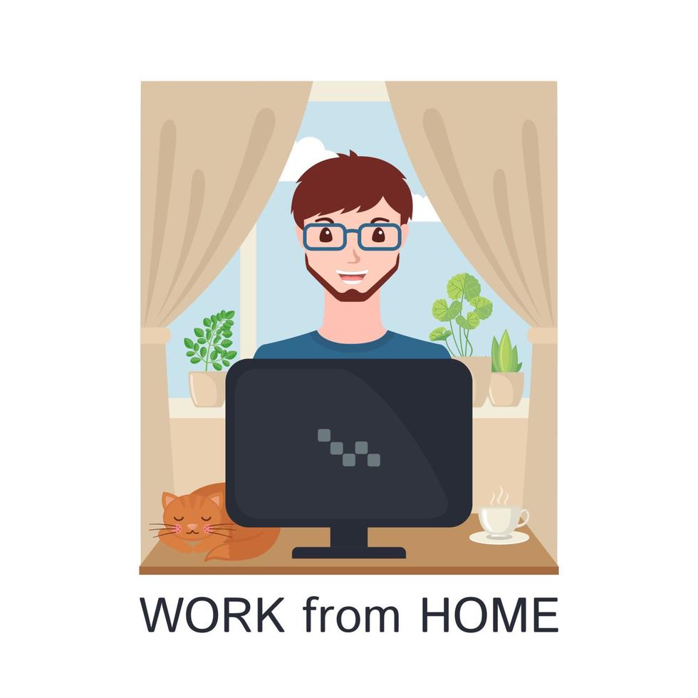 Young adult man working at home with computer in flat style. Freelancer male character with cat and a cup of tea or coffee.Home office concept.Vector illustration. vector