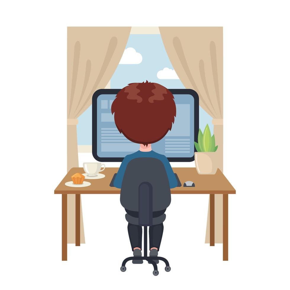 Young boy sitting at a table and studying at the computer at home . Online education concept in cartoon style isolated on white background. Stay at home. Vector illustration