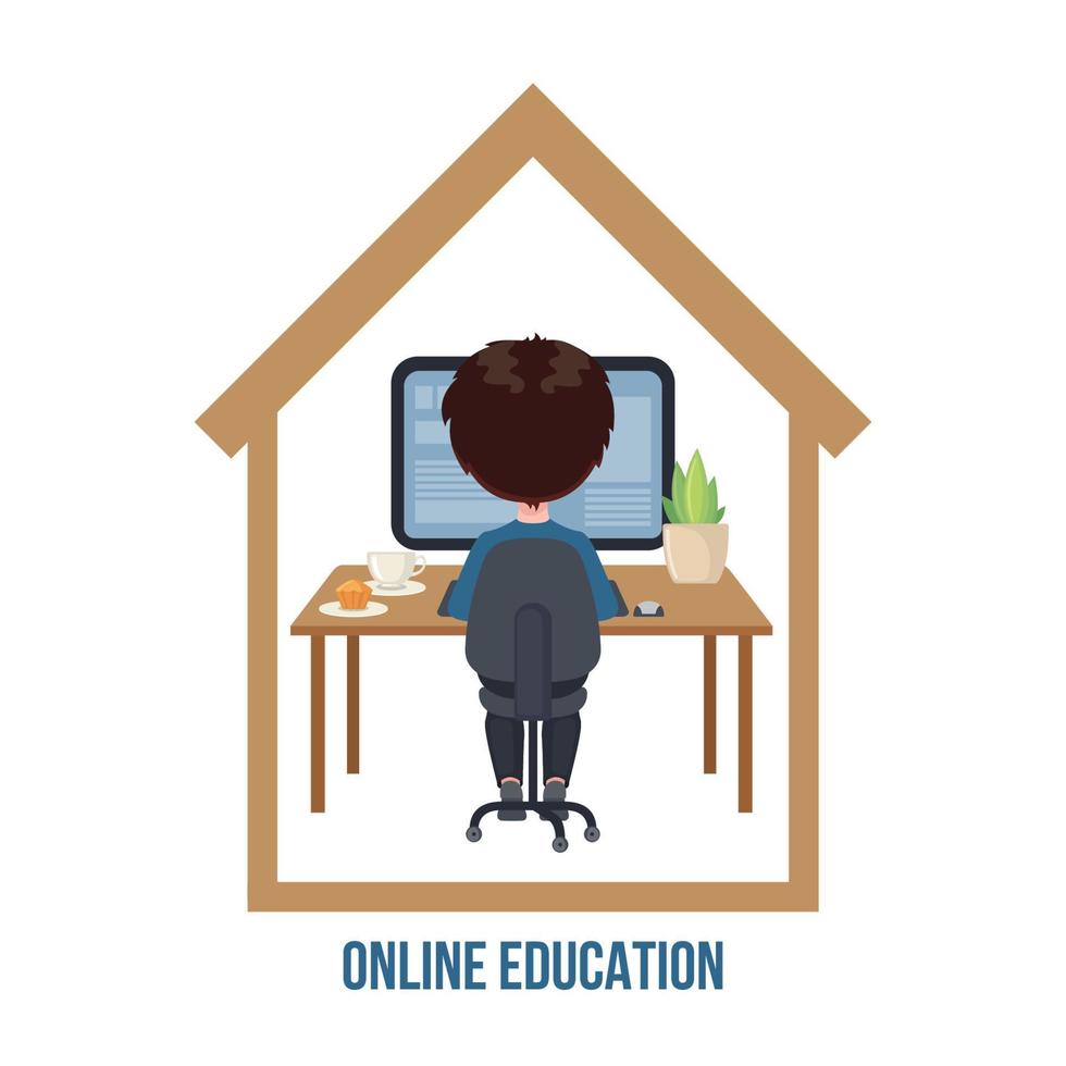 Young boy sitting at a table and studying at the computer at home . Online education concept in cartoon style isolated on white background. Stay at home. Vector illustration