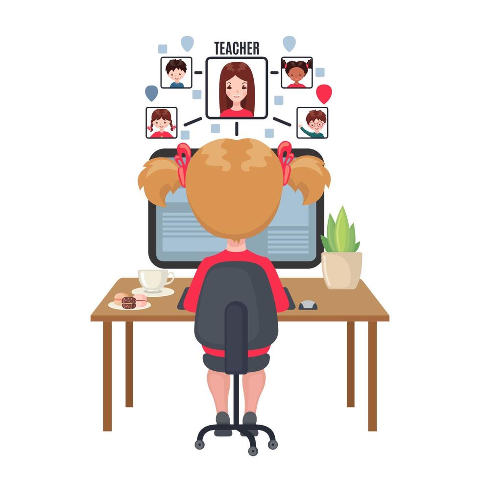 Young girl sitting at a table and studying at the computer at home . Online education concept in cartoon style isolated on white background. Stay at home. Vector illustration