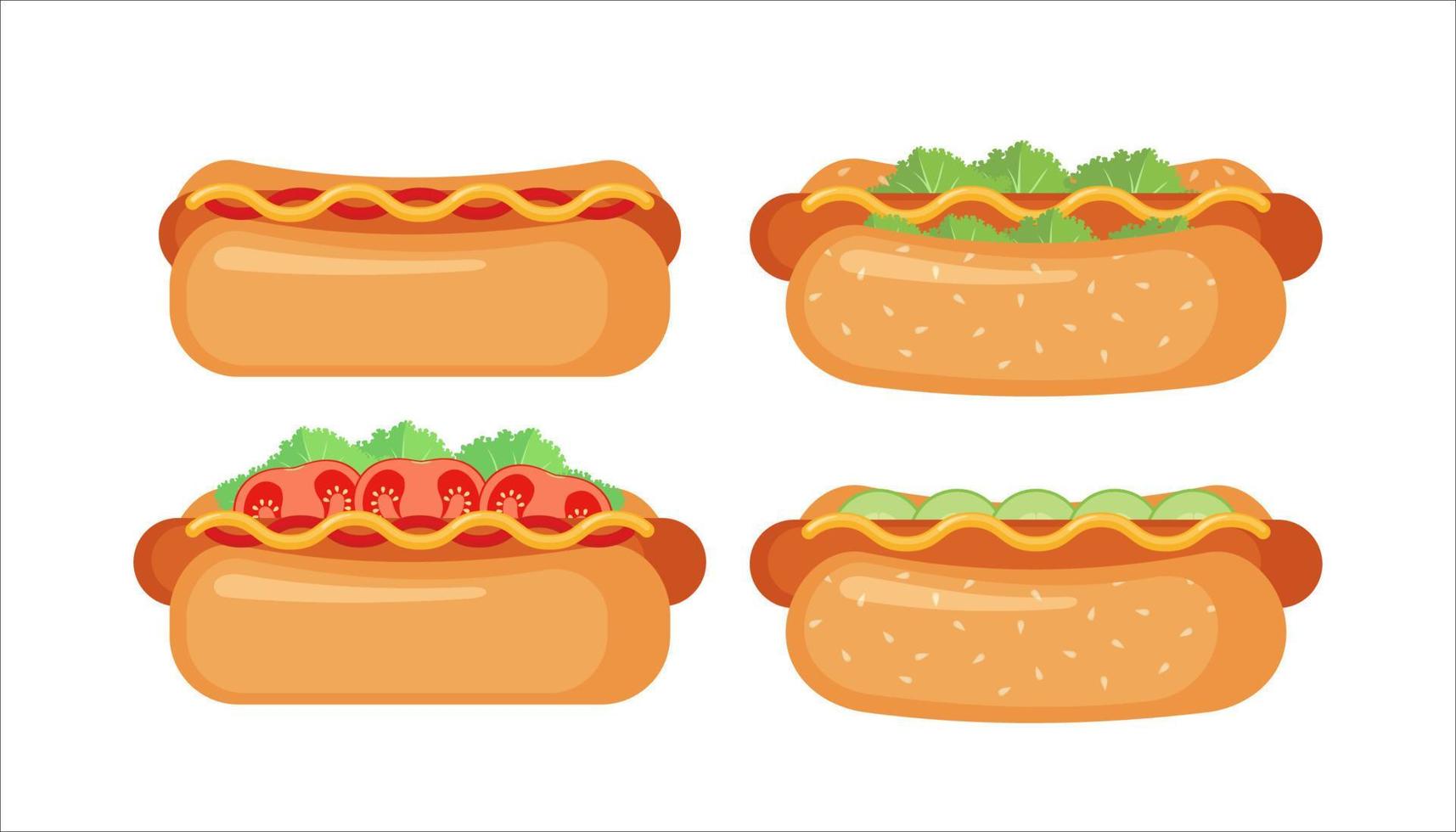 Hot dog icon set in flat style isolated on white background. Fast food symbol. Vector illustration.