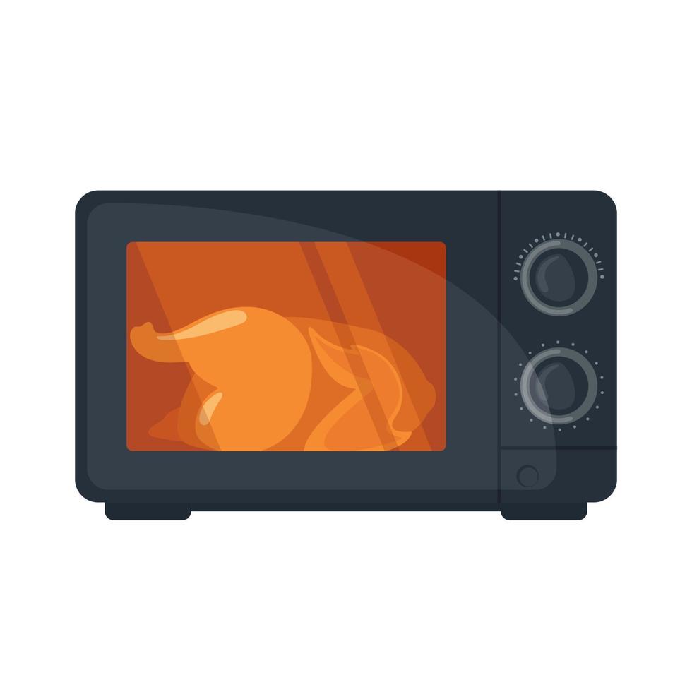 Microwave oven with fried chicken or roast turkey icon in flat style isoated on white background. Vector illustration