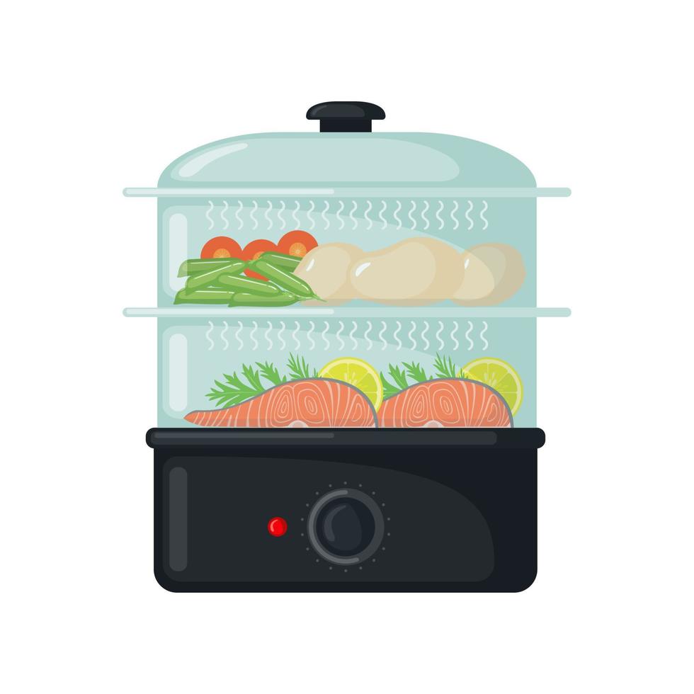 Food steamer icon in flat style isolated on white background. Household appliance. Kitchen item for healthy food. Vector illustration.