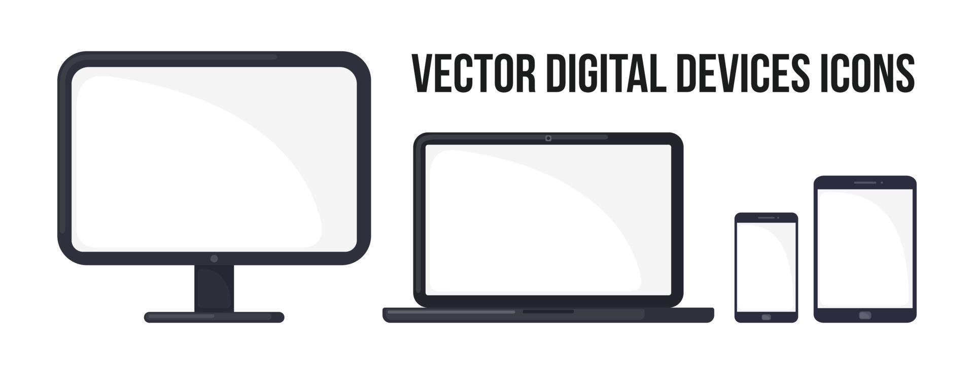 Digital devices icon set in flat style isolated on white background. Computer monitor, laptop, mobile phone and tablet. Vector illustration.