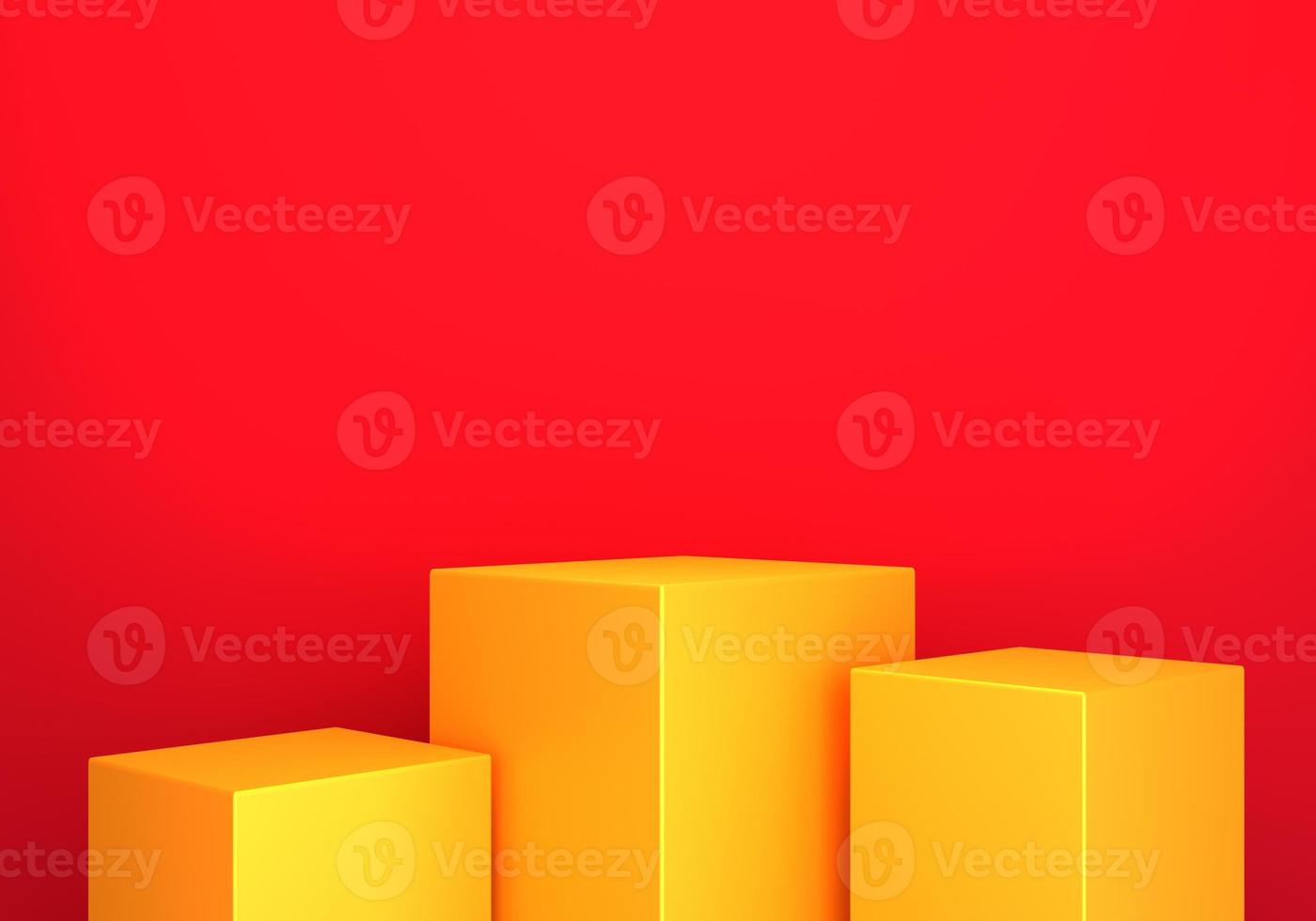 3d rendering of empty gold podium abstract minimal red background. Scene for advertising design, cosmetic ads, show, technology, banner, cream, new year. Illustration. Product display. copy space photo