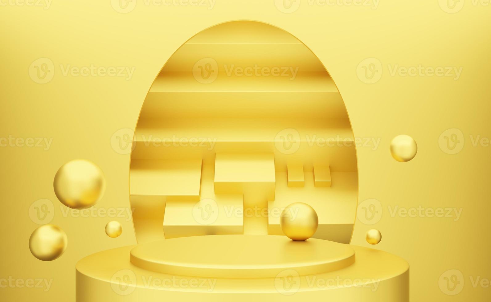 3d rendering of empty gold abstract minimal background with podium. Scene for advertising design, cosmetic ads, showcase, technology, banner, cream, fashion, luxury. Illustration. Product display photo