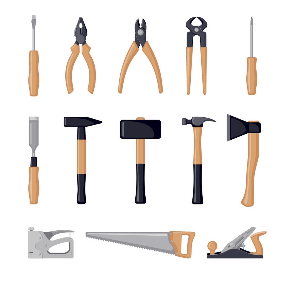 Carpenter tools icon set in flat style isolated on white background. Vector illustration.