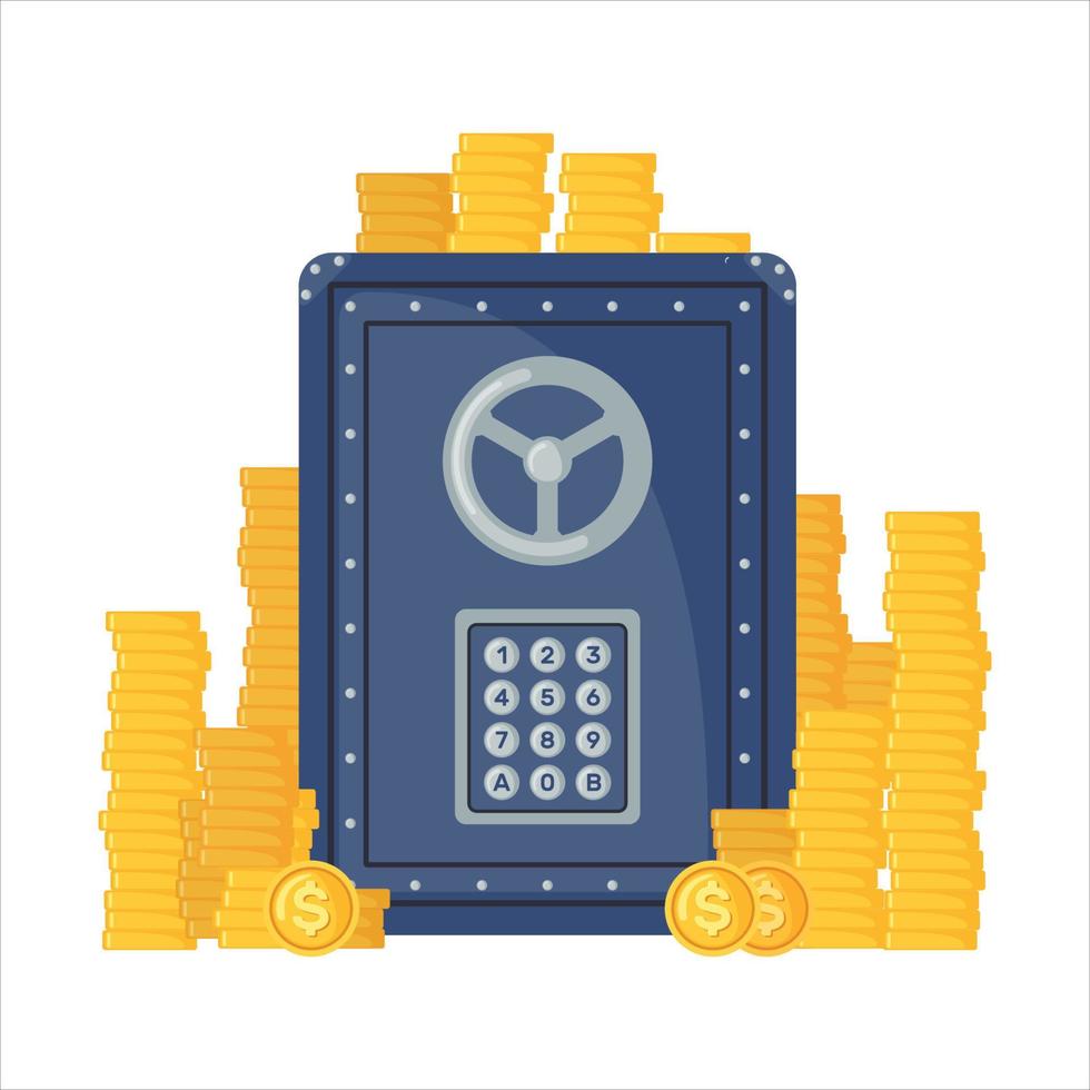 Safe with stack of money in flat style isolated on white background. Vector illustration.